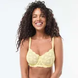 Sujetador balconette amarillo con encaje floral y breteles regulables.