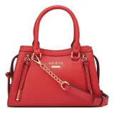 Cartera Guess modelo Wrenley, color rojo, de tamaño mediano, confeccionada en PVC. Tiene doble asa corta, correa larga extraíble, cierre superior y detalles metálicos dorados.