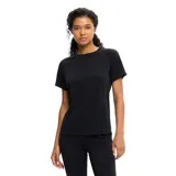 Remera deportiva de manga corta en color negro con diseño de mangas tipo raglán, confeccionada en tejido transpirable ideal para entrenar.