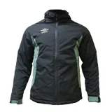 Campera deportiva Umbro modelo Crafted Pro, con diseño bicolor en negro y verde. Cuenta con cierre frontal completo, capucha ajustable, bolsillos laterales y puños con ajuste de velcro.
