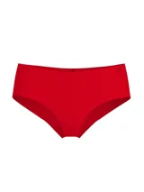 Panty tipo cheeky sin costuras de microfibra suave, color rojo, con cobertura mínima en la espalda y diseño de tiro bajo.