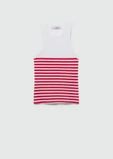 Top sin mangas de cuello redondo, con diseño ajustado y estampado de rayas horizontales rojas sobre fondo blanco.