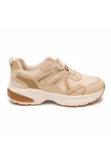 Zapatillas urbanas de mujer modelo Flora, en tonos beige y tostado, con diseño chunky, combinación de malla y material sintético, cordones al tono y suela alta.