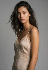 Camisola corta color beige satinado, con escote cruzado en V y detalles de encaje en el busto y el ruedo. Posee tirantes finos ajustables.