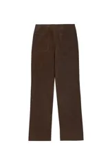 Pantalón de tiro medio con acabado efecto ante, diseño de pierna recta, con bolsillos laterales y traseros, y cierre frontal con cremallera metálica.