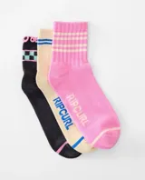 Pack de tres pares de medias Rip Curl, en colores rosado, beige y negro, con diseño acanalado en el puño y la inscripción de la marca en el lateral.
