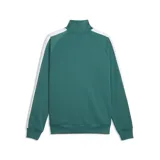 Campera deportiva Puma con cierre frontal, cuello alto y puños acanalados. Diseño en color verde esmeralda con franjas blancas laterales en las mangas y logo de la marca estampado en el pecho.
