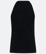 Blusa de punto sin mangas, de color negro, con cuello halter y detalle de ribete central vertical.