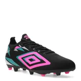 Championes de fútbol Umbro modelo Hit HG, color negro con detalles en fucsia y celeste. Presentan el logo doble diamante de Umbro en el lateral en fucsia y celeste, y tapones moldeados en la suela, ideales para césped natural seco (HG).