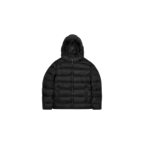 Campera puffer con capucha Trapstar It's A Secret en color negro, con diseño acolchado horizontal, cierre frontal completo y bolsillos laterales.