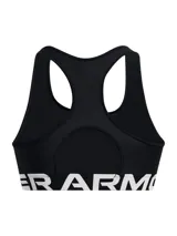 Top deportivo Under Armour de soporte medio, color negro con banda elástica inferior con logo de la marca en blanco. Diseño tipo jersey con espalda cruzada y tejido HeatGear de secado rápido.