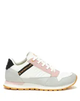 Sneaker Caterpillar modelo Ventura, con diseño multicolor que combina blanco, gris, rosa y detalles en negro. Presenta una suela de goma color caramelo, cierre con cordones y logo de la marca en el lateral y la lengüeta.