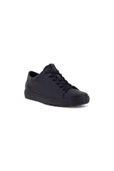 Zapatilla de cuero negro, estilo casual de cordones, con suela de goma negra y diseño minimalista escandinavo.