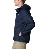 Campera impermeable Columbia modelo Hikebound II, color azul marino, con capucha ajustable, cierre frontal completo y bolsillo con cierre en el pecho. Diseño técnico con logo de la marca estampado.
