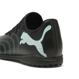Championes de fútbol Puma Future 9 Play TT, color negro con detalles y logo en verde agua.