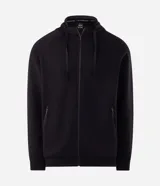 Saco deportivo Get Over confeccionado en tejido tech fleece, con capucha ajustable, cierre frontal por cremallera y bolsillos laterales con cierre.