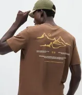 Remera marrón de manga corta con calce comfort y estampa localizada de montaña en el pecho.