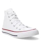 Championes Converse Chuck Taylor All Star de caña alta, color blanco, con detalles en rojo y azul en la suela.