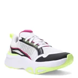 Championes de running Puma modelo Softride Divine, con diseño multicolor que combina blanco, negro, fucsia y verde neón. Presentan una estructura de malla transpirable con refuerzos sintéticos, entresuela de plataforma con tecnología Softride para amortiguación y suela de caucho con tracción zonal.