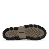 Bota de senderismo Columbia, modelo Transverse Hike, en color beige con detalles en gris oscuro. Presenta construcción impermeable y transpirable, con parte superior de piel y malla, entresuela amortiguadora y suela de alta tracción.