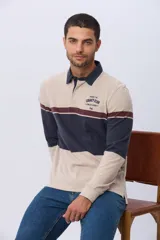 Remera polo de manga larga con diseño de bloques de color horizontales en tonos azul, verde y marrón. Presenta cuello clásico, cierre frontal con botones y bordado en el pecho. Cuenta con puños elásticos acanalados.