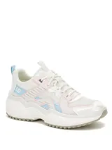 Championes Cat modelo Hasten Mesh, de color blanco con detalles en rosado y celeste, confeccionados con malla transpirable y refuerzos sintéticos, con suela chunky de goma.
