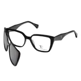 Anteojos de receta con armazón de acetato negro y diseño estilo cat-eye. Incluye un clip-on magnético con lentes oscuros para convertir el armazón en anteojos de sol. Presenta el logo de la marca en las patillas.