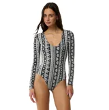 Malla enteriza Rip Curl Samba Stripe Surfsuit de manga larga y escote redondo, con estampado en blanco y negro de diseño geométrico y tropical.