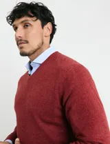 Sweater de punto color ladrillo con cuello en V y mangas largas.