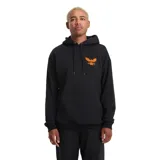 Canguro Volcom modelo ABG Hammered de color negro, confeccionado en mezcla de algodón y poliéster. Presenta capucha con cordón ajustable, bolsillo frontal tipo canguro y diseño gráfico de un águila estampada en color naranja en el pecho.