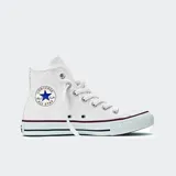 Championes de lona de caña alta Converse Chuck Taylor All Star, color blanco con detalles en azul y rojo, suela de goma vulcanizada y el clásico parche con la estrella en el tobillo.