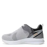 Championes deportivos de tejido de punto en tonos grises, con suela blanca y detalles en negro y naranja. Presentan cierre con cordones y diseño ergonómico.