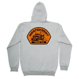 Canguro con capucha gris de corte clásico, con bolsillo frontal tipo canguro y cordones ajustables. Presenta un parche estampado en el pecho con el logo de Independent Truck Co. en color naranja.