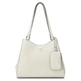 Cartera tipo tote de Guess en color blanco crema, confeccionada en símil cuero con estampado gofrado del monograma de la marca. Cuenta con dos asas largas para el hombro, herrajes metálicos plateados, un charm colgante tipo monedero y el logo triangular de Guess en la parte frontal.
