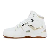 Zapatillas urbanas de caña alta Pony M100 para mujer, en color blanco con detalles dorados y suela de goma marrón.