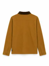 Sobrecamisa negra de manga larga con cuello camisero de pana, cierre frontal con botones y dos bolsillos delanteros con solapa.