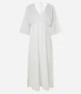 Vestido midi blanco de lino y viscosa con escote en V, mangas amplias, lazo en la espalda, recorte fruncido debajo del busto y aberturas laterales.