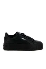 Championes de plataforma Puma modelo Karmen II Idol, con diseño en blanco, negro y franja lateral celeste.