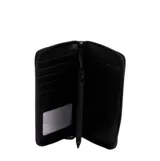 Billetera Rusty Tipua color verde claro, con cierre perimetral negro y un detalle circular negro en el frente.