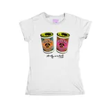 Remera blanca entallada de manga corta con estampado frontal de dos latas de polvo para hornear estilo pop art y la firma de Andy Warhol.