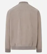 Campera bomber azul marino de pana con cuello redondo, cierre con botones a presión, bolsillos laterales y puños y cintura elastizados.