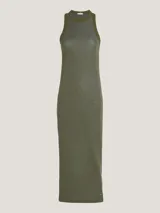 Vestido midi verde oliva de punto acanalado con cuello redondo y corte slim.