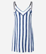 Camisón corto de viscosa con estampado de rayas verticales en tonos azul y blanco. Presenta escote en V y breteles finos de cuerda.