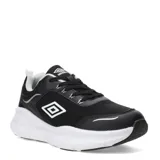 Championes urbanos Umbro modelo Dash, color negro con detalles en blanco. Presentan una combinación de malla y material sintético en la capellada, con el logo de la marca en el lateral y en la lengüeta, montados sobre una entresuela blanca de diseño robusto.