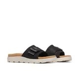 Sandalia tipo slide de la marca Merrell, con capellada de cuero negro y correa ajustable con hebilla. Presenta una plantilla revestida en corcho y una entresuela de espuma de plataforma en color crema.