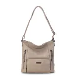 Bandolera morral color beige de símil cuero, con apertura superior con cierre, bolsillos internos, tres bolsillos frontales con cierre metálico y un bolsillo trasero con cierre. Incluye correa larga regulable.