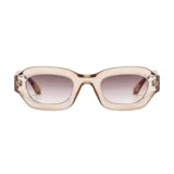 Lentes de sol unisex con filtro UV 400, montura rectangular color beige y lentes degradé marrones.