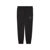 Pantalón de jogging Puma de corte estándar, color negro, con cintura elástica y puños acanalados en los tobillos. Presenta el logo de la marca bordado en tipografía cursiva en la pierna izquierda.