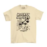 Remera de algodón color beige con estampado frontal en negro de Mickey Mouse en la escena de Steamboat Willie.