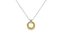 Collar con dije de círculo trenzado bañado en oro y reasa texturizada plateada, conectado a una delicada cadena de eslabones.